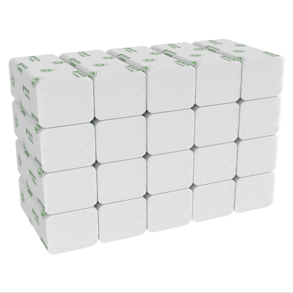 Skrzynka ręczników Hostess™ NATURA™ od Kimberly-Clark GmbH - 20 paczek dużych, złożonych białych ręczników (po 84 arkusze), idealnych do publicznych łazienek wyposażonych w ręczniki papierowe lub podobne produkty.