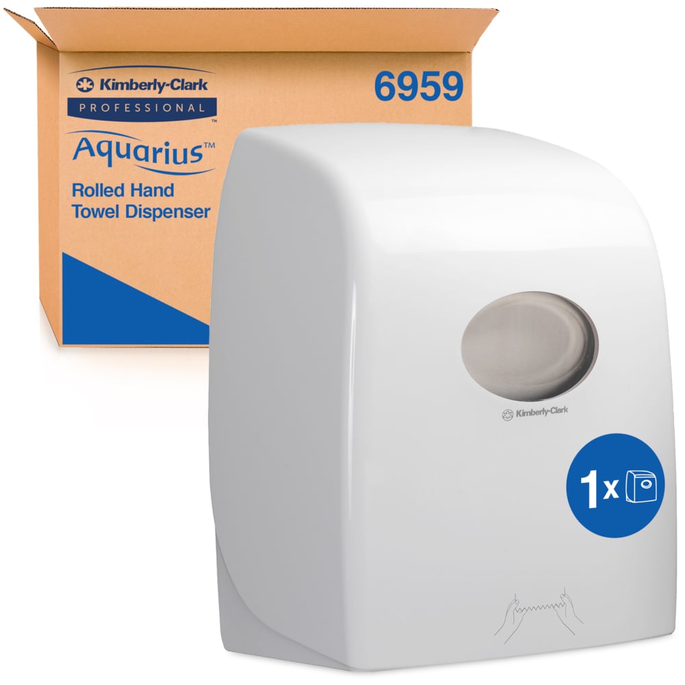 Dozownik ręczników w rolce Aquarius™ - Biały od Kimberly-Clark GmbH stoi przed brązowym pudełkiem z detalami marki i produktu. Higieniczny dozownik z przezroczystym frontem jest idealny do miejsc publicznych.