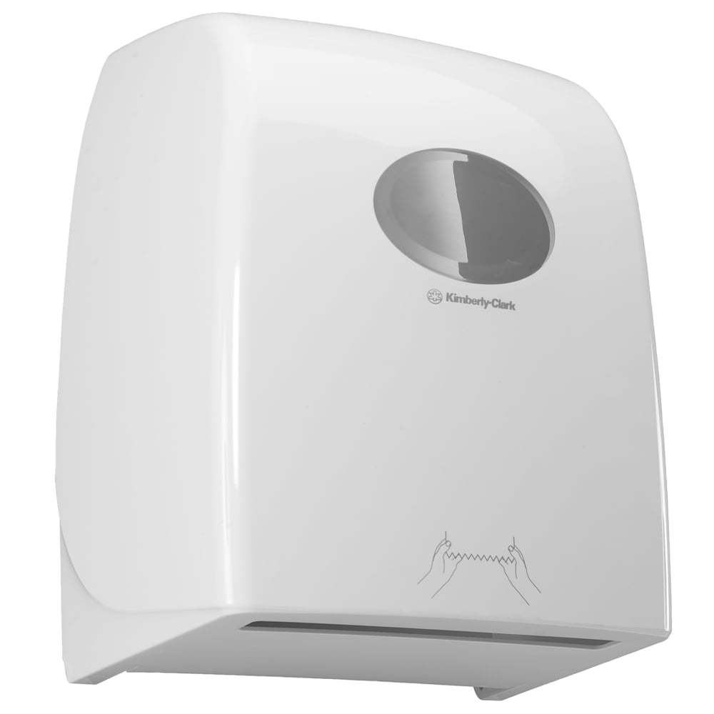 Dozownik ręczników w rolce Aquarius™ od Kimberly-Clark GmbH w białym kolorze to higieniczny dozownik ścienny z okienkiem, idealny do miejsc publicznych, umożliwiający łatwe odrywanie ręczników papierowych dzięki jasnym instrukcjom.
