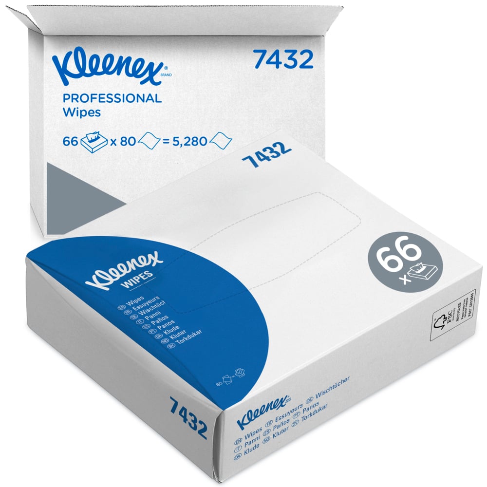 Eine Schachtel Kimberly-Clark GmbH Auslaufartikel: Kleenex® Wischtücher - Interfold / Weiß ist abgebildet, Produkt Nr. 7432, mit 66 Kartons zu je 80 Blatt (insgesamt 5.280 hygienische Reinigungstücher).