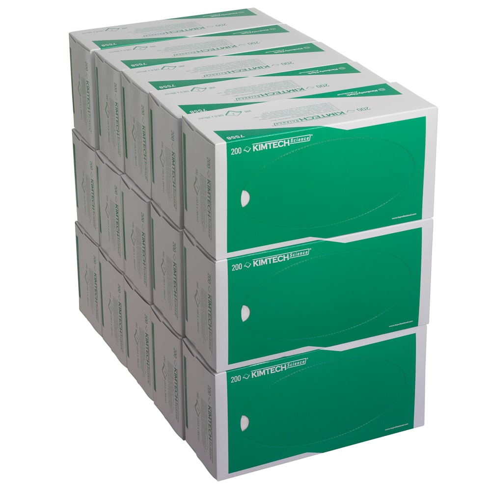Stos piętnastu pudełek Kimtech® Science Chusteczek Precyzyjnych od Kimberly-Clark, każde z 200 białymi chusteczkami - idealne do czyszczenia delikatnych powierzchni. Łącznie: 15 kartonów x 200 arkuszy na karton.
