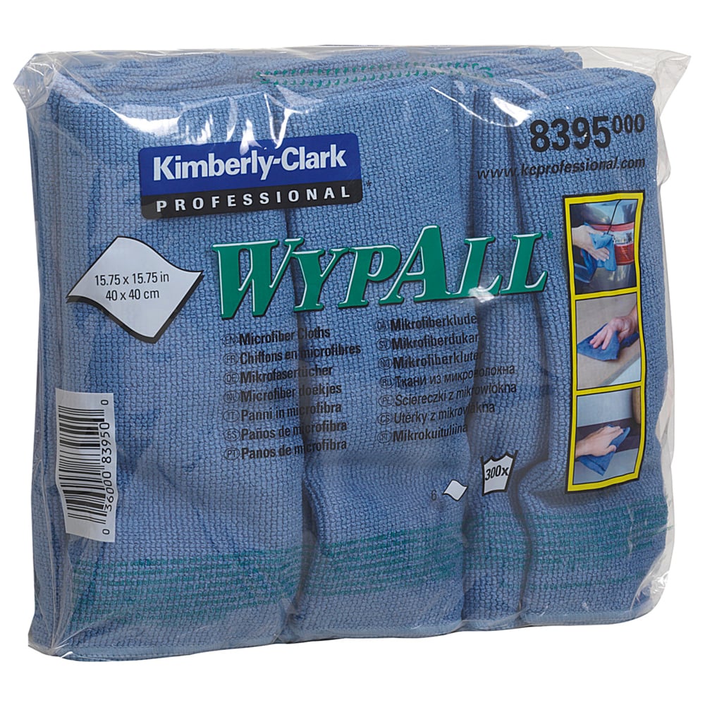 Przezroczyste opakowanie z tworzywa sztucznego zawiera kilka złożonych niebieskich ściereczek z mikrofibry WypAll® (40 x 40 cm) od Kimberly-Clark GmbH. Na opakowaniu znajdują się szczegóły produktu i ilustracje dotyczące czyszczenia.