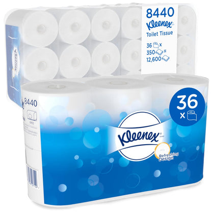 Ein Karton der Kimberly-Clark GmbH mit sechs Packungen Kleenex® Toilettenpapier mit jeweils 6 weißen Rollen (350 Blatt pro Rolle), insgesamt 36 Rollen und 12.600 Blatt; die Verpackung ist weiß-blau gestaltet.