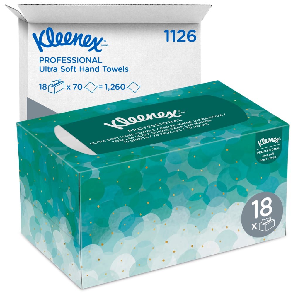 Pudełko chusteczek Kleenex® Ultra™ Interfold (białe, średnie, 70 sztuk) firmy Kimberly-Clark GmbH jest przedstawione przed białym kartonem z napisem "1126" i "18 x 70 = 1.260", w którym znajduje się 18 opakowań higienicznych.