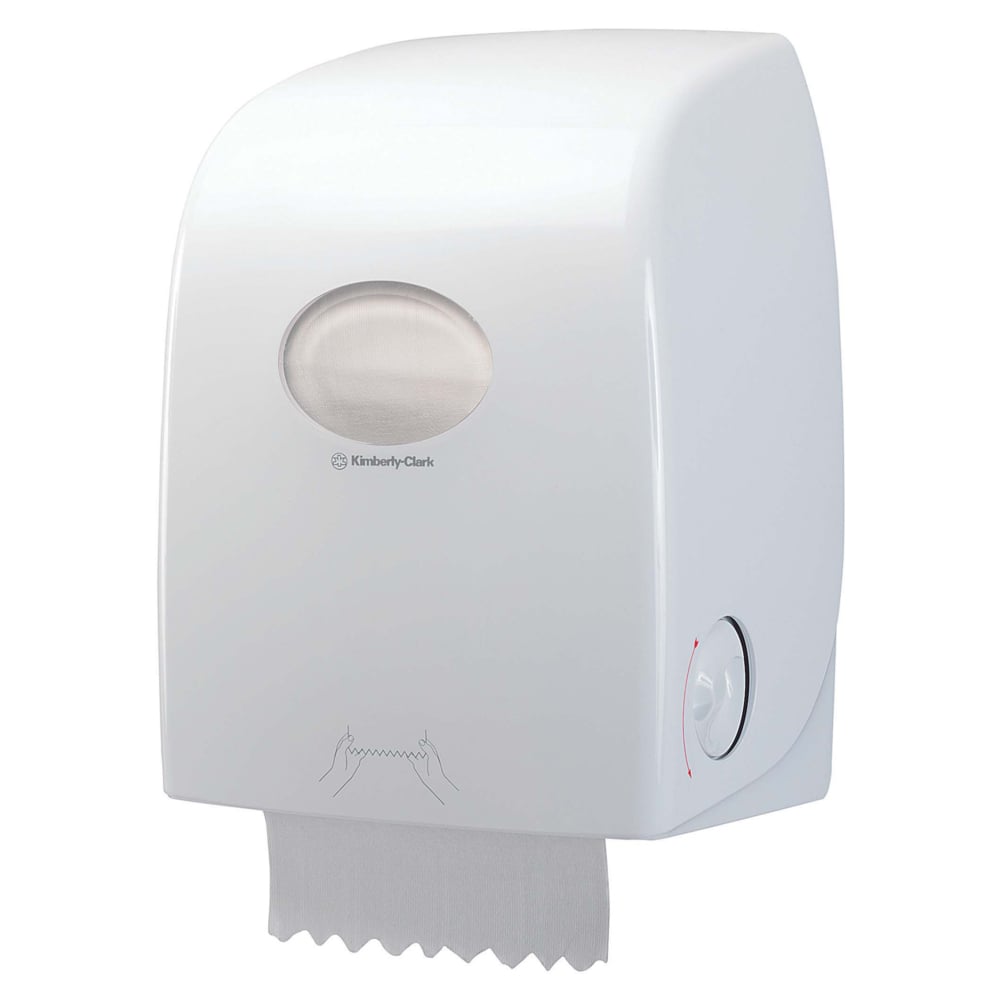 Dozownik ręczników w rolce Aquarius™ - Biały od Kimberly-Clark GmbH to biały, montowany na ścianie dozownik z przezroczystym owalnym okienkiem, które pokazuje rolkę ręcznika papierowego wewnątrz i wydaje ręcznik na dole - idealny do miejsc publicznych.