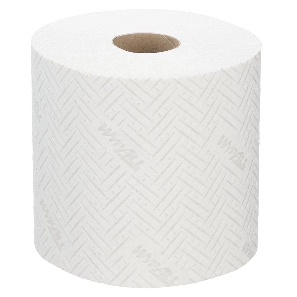 Ręcznik papierowy WypAll® L20 do prac konserwacyjnych firmy Kimberly-Clark GmbH, biała tłoczona rolka z centralnym dozownikiem, oferuje 6 rolek po 400 arkuszy - idealne do rozwiązań czyszczących i prac konserwacyjnych.