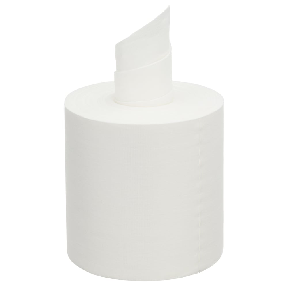 Zbliżenie na nieużywaną rolkę WypAll® Wettask™ PowerClean (biała, 6 opakowań uzupełniających × 60 arkuszy | karton) firmy Kimberly-Clark GmbH, z podniesionym arkuszem - idealna do profesjonalnego czyszczenia, przedstawiona na prostym białym tle.