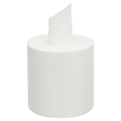 Zbliżenie na nieużywaną rolkę WypAll® Wettask™ PowerClean (biała, 6 opakowań uzupełniających × 60 arkuszy | karton) firmy Kimberly-Clark GmbH, z podniesionym arkuszem - idealna do profesjonalnego czyszczenia, przedstawiona na prostym białym tle.