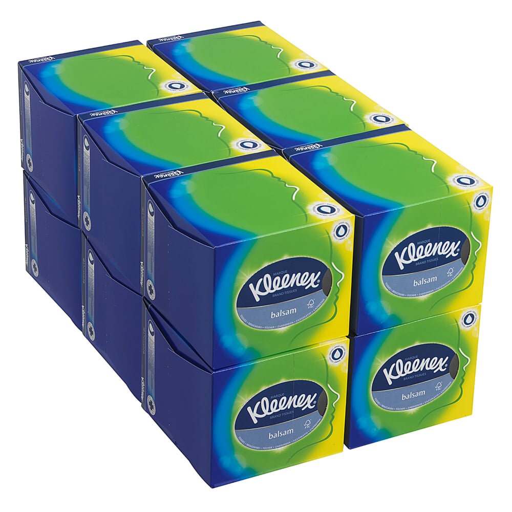 Neun Kleenex® Kosmetiktücher - Würfel-Box / Weiß von Kimberly-Clark GmbH sind 3x3 gestapelt. Jede weiße Würfel-Box ist ideal für die Gesichtspflege, mit dem Kleenex-Logo deutlich sichtbar auf jeder Packung.