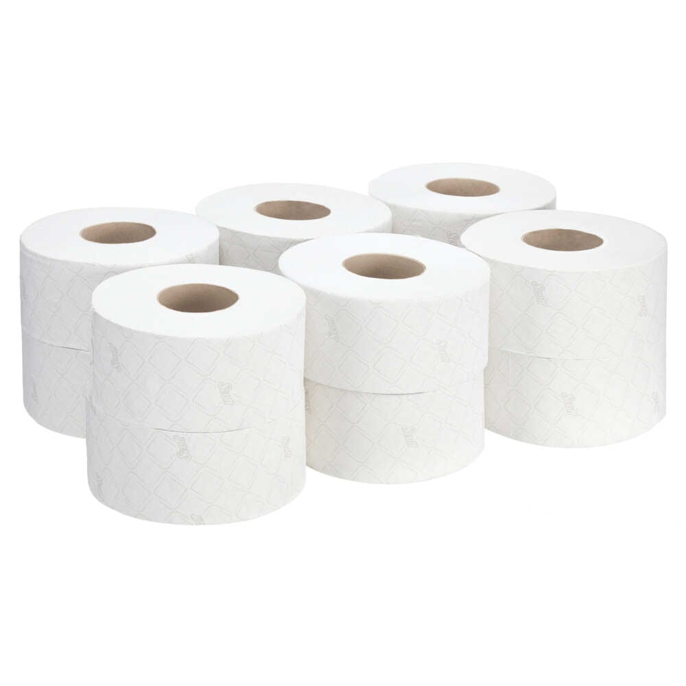 Dwanaście rolek papieru toaletowego Scott® Essential™ od Kimberly-Clark GmbH jest ułożonych na prostym białym tle i owiniętych w subtelnie wzorzyste papier.