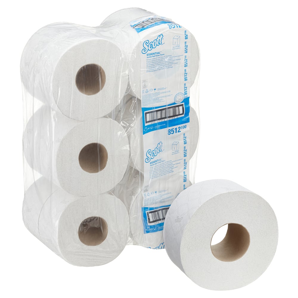 Karton z 12 dużymi białymi rolkami papieru toaletowego Scott® Essential™ Jumbo od Kimberly-Clark GmbH, każda rolka z 526 arkuszami. Niebiesko-białe opakowanie pokazuje markę Scott i informacje o produkcie, z jedną rolką przedstawioną z przodu.