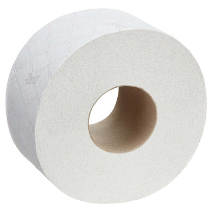 Duża rolka papieru toaletowego Scott® Essential™ - Jumbo/Biały od Kimberly-Clark GmbH z kartonowym rdzeniem i delikatną strukturą rombową, 12 rolek x 526 arkuszy na karton.