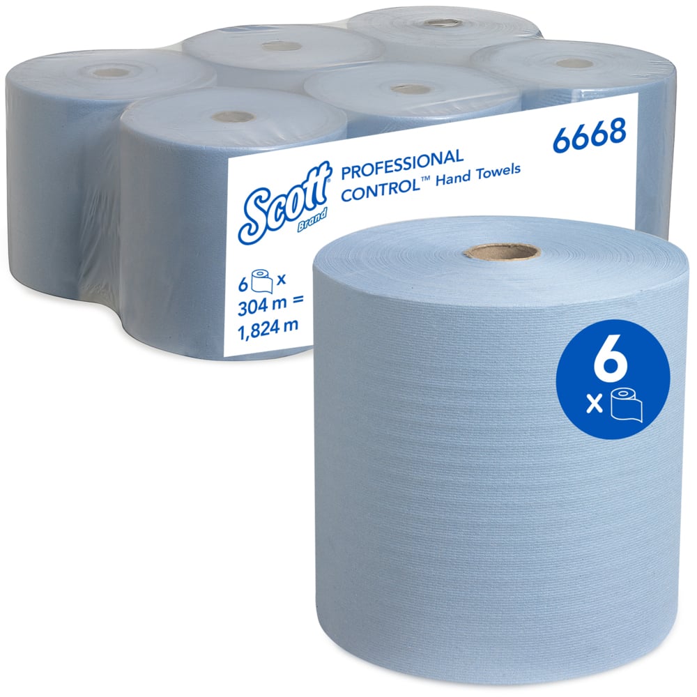 Na zdjęciu jest sześciopak niebieskich ręczników Scott® - rolka od Kimberly-Clark GmbH; jedna rolka z przodu, reszta zapakowana. Każda rolka ma wymiary 304 m x 19,8 cm, co daje łącznie 1.824 m profesjonalnych, zrównoważonych ręczników papierowych.