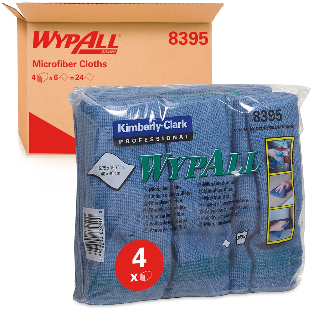 Opakowanie z czterema niebieskimi ściereczkami z mikrofibry WypAll® (płaskie ściereczki, 40 x 40 cm) od Kimberly-Clark GmbH jest przedstawione w przezroczystym opakowaniu przed brązowym kartonem z napisem "WypAll 8395". Każda ściereczka z mikrofibry ma wymiary około 15,75 x 15,75 cm.