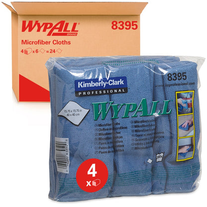 Opakowanie z czterema niebieskimi ściereczkami z mikrofibry WypAll® (płaskie ściereczki, 40 x 40 cm) od Kimberly-Clark GmbH jest przedstawione w przezroczystym opakowaniu przed brązowym kartonem z napisem "WypAll 8395". Każda ściereczka z mikrofibry ma wymiary około 15,75 x 15,75 cm.