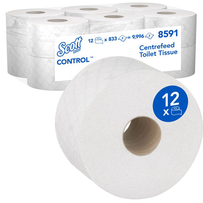 Pudełko z papierem toaletowym Kimberly-Clark Scott® Control™ - centralne pobieranie, zawiera 12 białych rolek po 833 arkusze (łącznie: 12 x 833), numer produktu 8591, idealne do profesjonalnych środowisk.