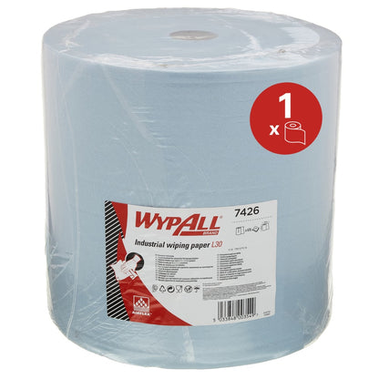 Rolka WypAll® L30 od Kimberly-Clark GmbH to bardzo szeroki, jasnoniebieski papierowy ręcznik do zadań czyszczenia przemysłowego. Jedna rolka (1 x 670 chusteczek) w kartonie, jasno zapakowana z etykietą produktu i kodem kreskowym.
