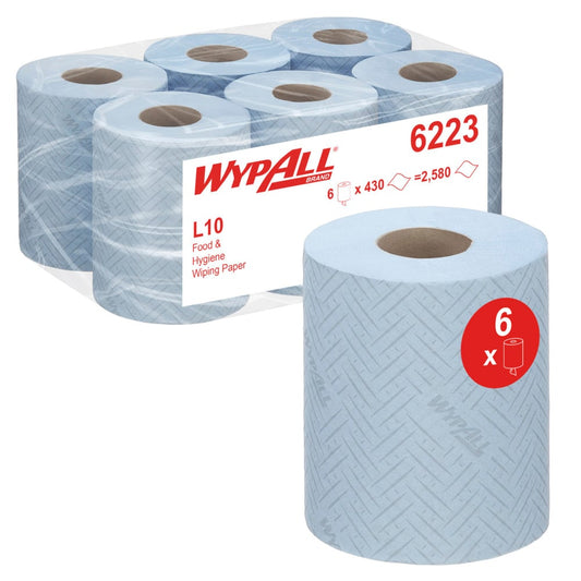 Eine Packung mit sechs Rollen WypAll® Reach™ Papierwischtuch für Lebensmittel & Hygiene - Zentralentnahme von Kimberly-Clark GmbH mit je 430 Blatt (2.580 insgesamt), abgebildet mit einer Rolle vorne, auf der Branding und Details zu sehen sind.