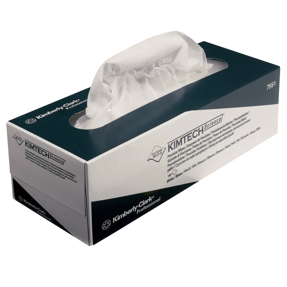 Prostokątne pudełko z precyzyjnymi chusteczkami Kimtech® Science - pudełko do wyciągania/ Biały/ Duży (15 kartonów x 196 arkuszy) firmy Kimberly-Clark GmbH, z wystającą białą chusteczką, idealne do czyszczenia delikatnych powierzchni.