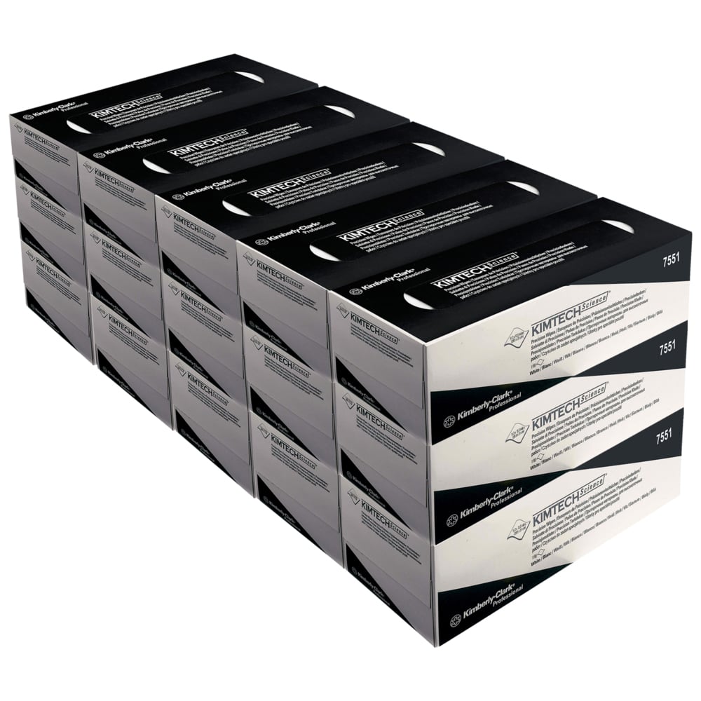 Cztery rzędy pudełek z precyzyjnymi chusteczkami Kimtech® Science firmy Kimberly-Clark GmbH, Duży, Biały (15 pudełek x 196 chusteczek) są ułożone jeden na drugim; każdy karton wyraźnie pokazuje markę i informacje o produkcie na opakowaniu.