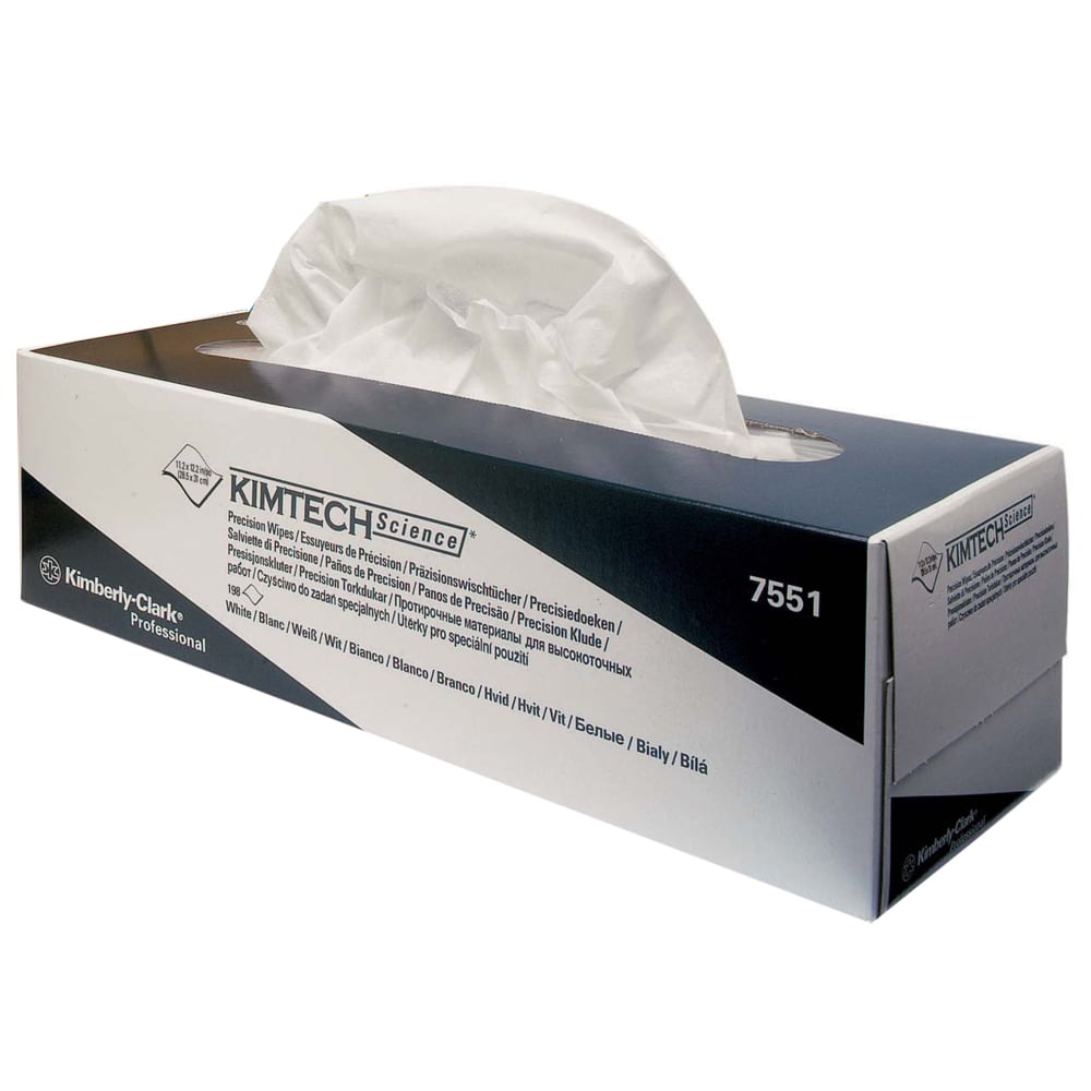 Pudełko z precyzyjnymi chusteczkami Kimtech® Science firmy Kimberly-Clark GmbH (Biały/ Duży, 15 pudełek x 196 chusteczek) stoi na białej powierzchni, chusteczka łatwa do wyciągnięcia - idealna do delikatnych powierzchni.