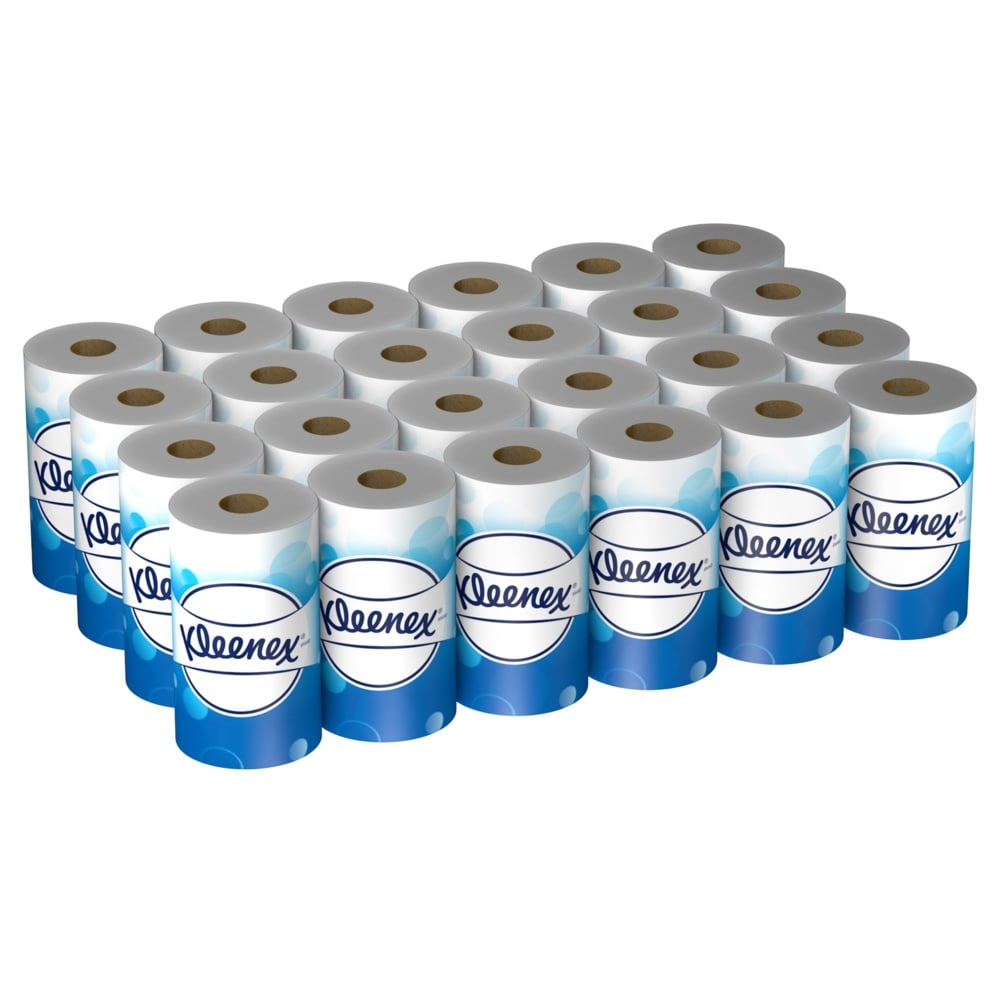 24 opakowania z artykułami wycofywanymi: rolki papieru toaletowego Kleenex® (Kimberly-Clark GmbH) po 2 małe białe rolki (200 arkuszy) są ułożone w czterech rzędach po sześć. Niebieskie opakowanie pokazuje logo Kleenex na każdej rolce.