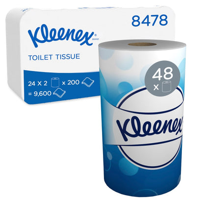 Paczka z artykułem wycofywanym: rolki papieru toaletowego Kleenex® (Kimberly-Clark GmbH) z 24 opakowaniami po 2 małe białe rolki, 200 arkuszy na rolkę - w sumie 9.600 arkuszy. Numer produktu 8478 i logo Kleenex są przedstawione.