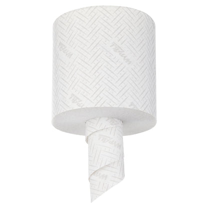 Biała rolka ręcznika papierowego WypAll® L20 (Kimberly-Clark GmbH) do prac konserwacyjnych wisi pionowo; jej teksturowana, lekko oznakowana powierzchnia jest widoczna, a luźny koniec zwija się w dół. Opakowanie: 6 rolek x 400 arkuszy, centralne wyciąganie.