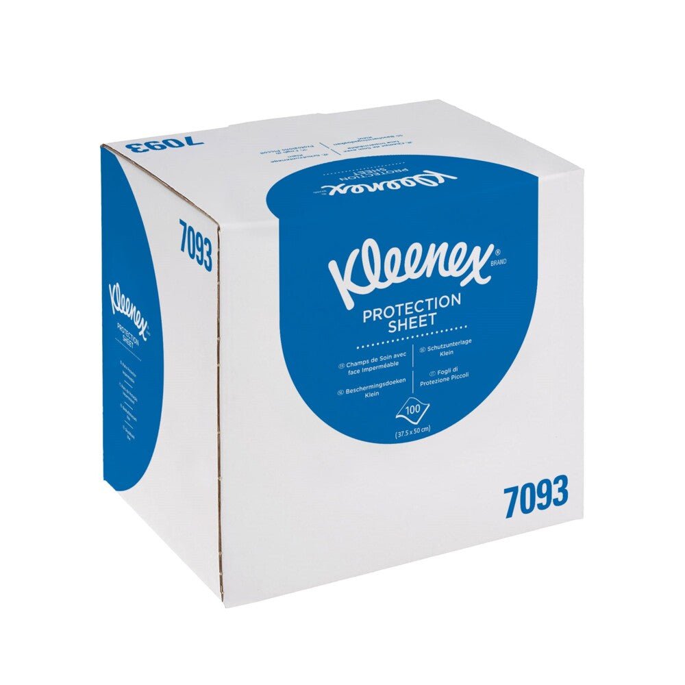 Zielone, nieotwarte pudełko z napisem "Kleenex® rolki lekarskie" od Kimberly-Clark GmbH zawiera 4 pudełka dozujące po 100 arkuszy - idealne do wysyłki, przechowywania i użycia w placówkach medycznych.