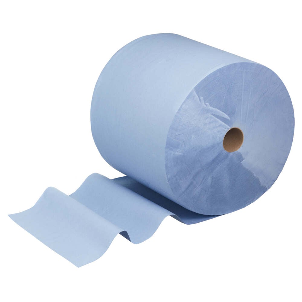 Ein großes blaues WypAll® L30 Papierwischtuch Großrolle von Kimberly-Clark GmbH, extra breit & lang mit 1000 Blatt, ideal für Instandhaltungsarbeiten, ausgestellt mit ein paar ausgerollten Blättern auf weißem Hintergrund.