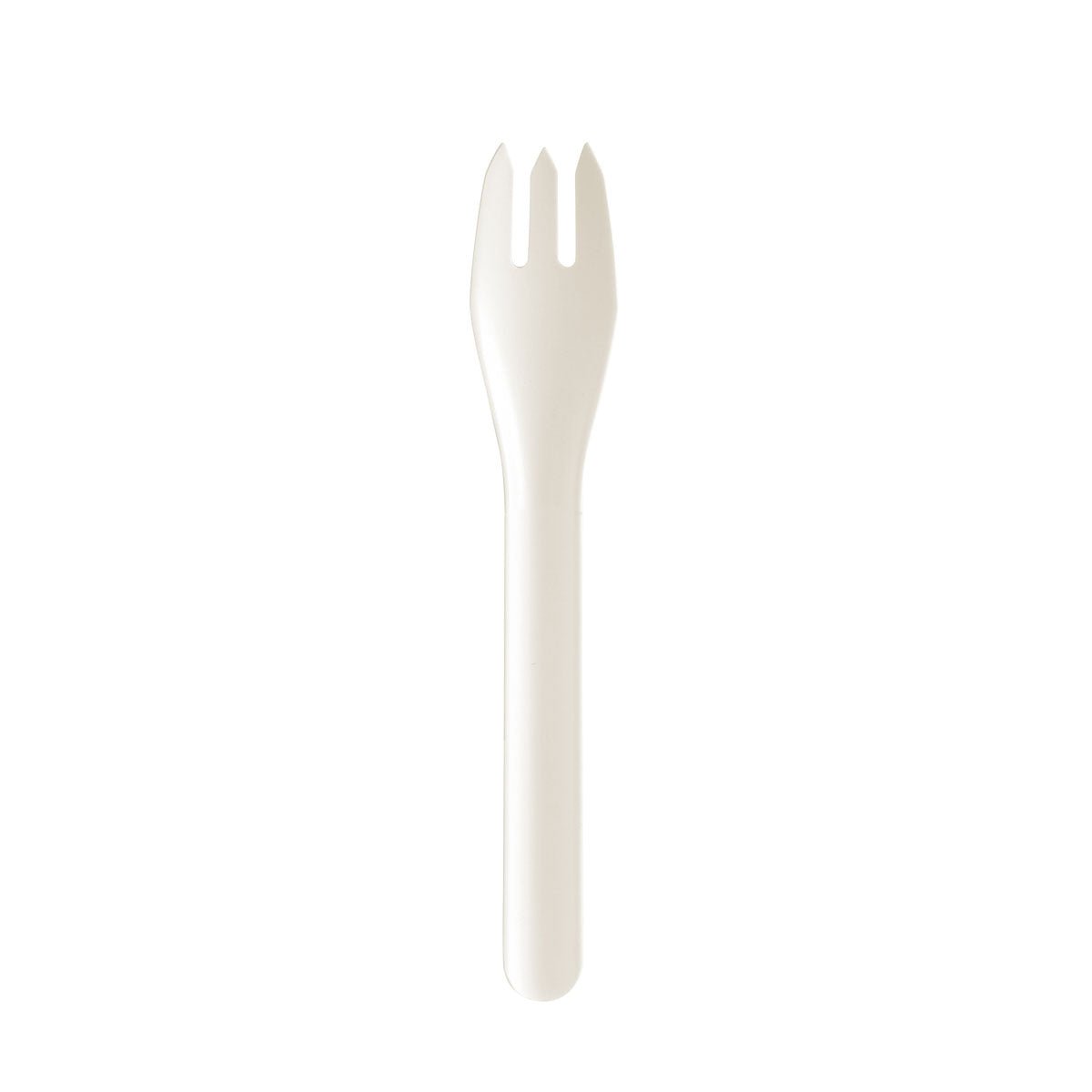 Pojedynczy widelec PLUMA z papierowych włókien 160 mm Biały od Duni GmbH z białą rączką i trzema zębami stoi pionowo na białym tle.