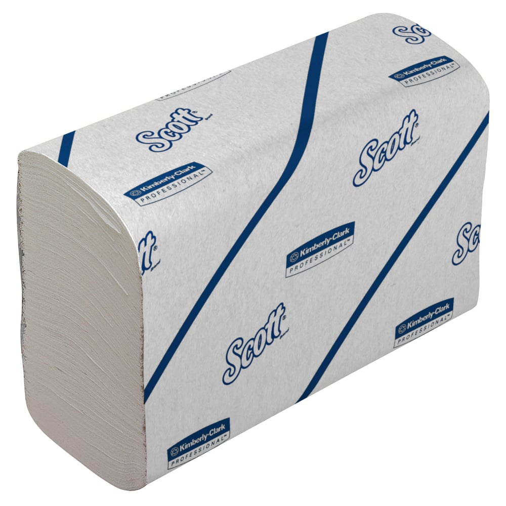 Stos ręczników Scott® - Narrow-Fold / Białe od Kimberly-Clark GmbH, złożone w prostokątną formę i zapakowane w markowe opakowanie z niebieskimi ukośnymi liniami, idealne do higienicznego suszenia rąk.