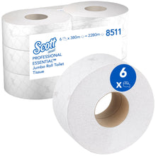Scott® Essential™ Papier toaletowy Maxi Jumbo od Kimberly-Clark GmbH: 6 białych rolek (380 arkuszy/rolka) w kartonie, każda z wzorem w stebnowanie. Na opakowaniu podane są wszystkie szczegóły produktu oraz "6 rolek" dla łatwej identyfikacji.