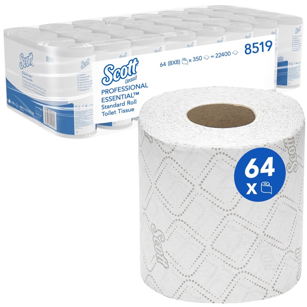 Papier toaletowy Scott® Essential™ od Kimberly-Clark GmbH zawiera 8 opakowań po 8 małych rolek, w sumie 64 rolki z 350 arkuszami na rolkę. Na przedniej stronie znajduje się zdjęcie rolki, a opakowanie podkreśla markę i ilości.