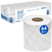 Papier toaletowy Scott® Essential™ od Kimberly-Clark GmbH zawiera 8 opakowań po 8 małych rolek, w sumie 64 rolki z 350 arkuszami na rolkę. Na przedniej stronie znajduje się zdjęcie rolki, a opakowanie podkreśla markę i ilości.