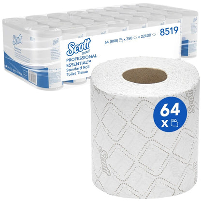 Papier toaletowy Scott® Essential™ od Kimberly-Clark GmbH zawiera 8 opakowań po 8 małych rolek, w sumie 64 rolki z 350 arkuszami na rolkę. Na przedniej stronie znajduje się zdjęcie rolki, a opakowanie podkreśla markę i ilości.