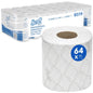 Papier toaletowy Scott® Essential™ od Kimberly-Clark GmbH zawiera 8 opakowań po 8 małych rolek, w sumie 64 rolki z 350 arkuszami na rolkę. Na przedniej stronie znajduje się zdjęcie rolki, a opakowanie podkreśla markę i ilości.