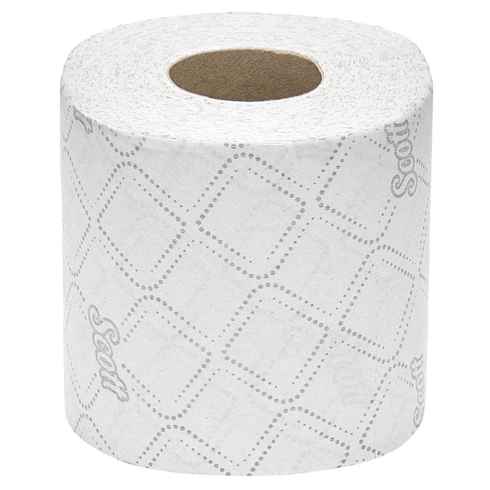 Pudełko z małymi rolkami papieru toaletowego Scott® Essential™ od Kimberly-Clark GmbH zawiera 8 opakowań z 8 białymi małymi rolkami, każda z 350 arkuszami na rolkę, przedstawione na białym tle.