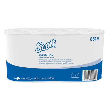 Papier toaletowy Scott® Essential™ od Kimberly-Clark GmbH: 8 opakowań po 8 małych rolek po 350 arkuszy, w sumie 64 rolki (22.400 arkuszy) na karton - dla niezawodnej higieny na co dzień.