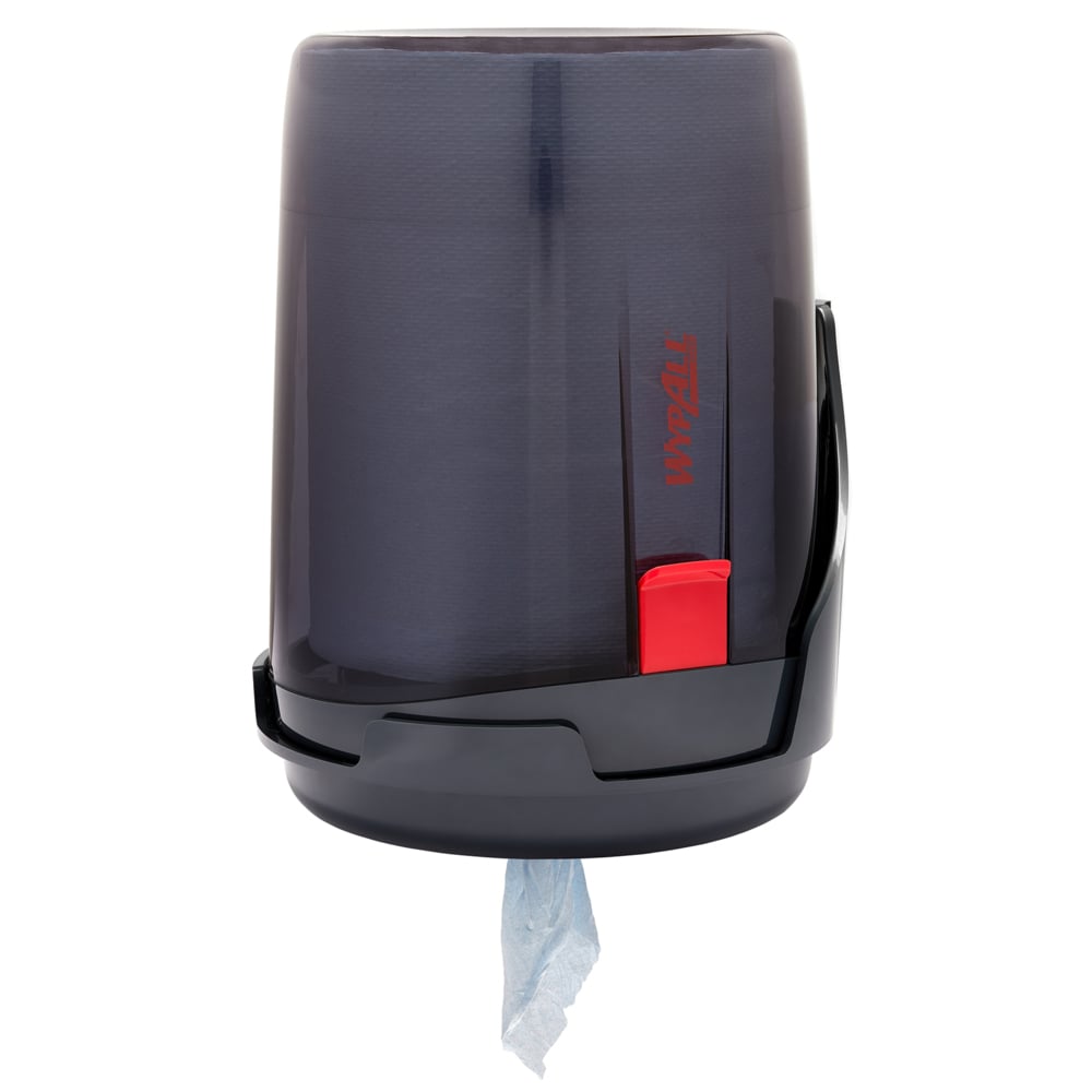 Dozownik WypAll® Reach™ Centrefeed firmy Kimberly-Clark GmbH to czarne urządzenie ścienne z przezroczystym frontem i czerwonym dźwignią, które wydaje niebieskie ręczniki od dołu - idealne do użytku profesjonalnego.
