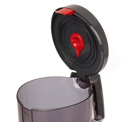 Zbliżenie na dozownik WypAll® Reach™ Centrefeed (czarny) firmy Kimberly-Clark GmbH pokazuje przezroczysty pojemnik, czarną pokrywę, czerwony zamek i okrągły uchwyt - doskonały do użytku profesjonalnego. 1 dozownik/karton.