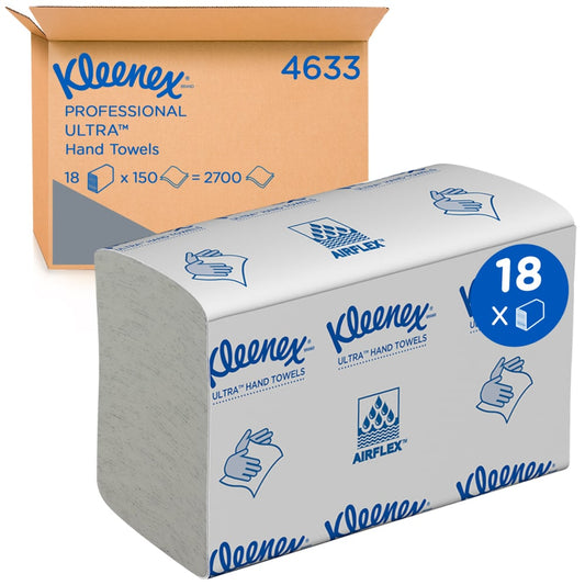 Abgebildet ist eine Großpackung Kleenex® Ultra™ Handtücher MultiFold in Weiß, Klein, 18 Clips x 150 Blatt der Kimberly-Clark GmbH: eine verpackte Packung vor einem Karton mit Produktangaben und den Spezifikationen der Papierhandtücher MultiFold.