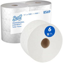 Opakowanie papieru toaletowego Scott® Control™ firmy Kimberly-Clark GmbH zawiera 6 białych rolek (każda po 314 m, 1280 arkuszy/rolka) z wyciągiem centralnym i etykietą z informacjami o produkcie oraz niebieskim wyróżnieniem "6 x".