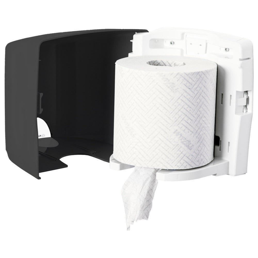 Dozownik ręczników Kimberly-Clark GmbH Aquarius™ - Roll Control w kolorze szarym to montowany na ścianie dozownik z otwartą czarną pokrywą, wyposażony w system Roll Control dla czystego, gotowego wydania - idealny do profesjonalnego użytku.