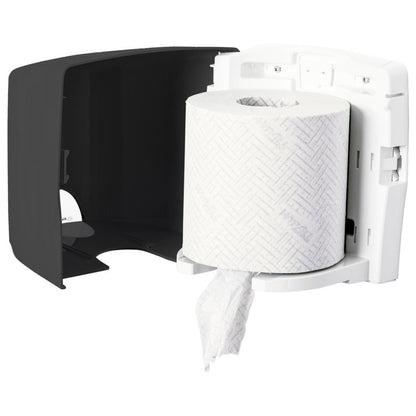 Dozownik ręczników Kimberly-Clark GmbH Aquarius™ - Roll Control w kolorze szarym to montowany na ścianie dozownik z otwartą czarną pokrywą, wyposażony w system Roll Control dla czystego, gotowego wydania - idealny do profesjonalnego użytku.