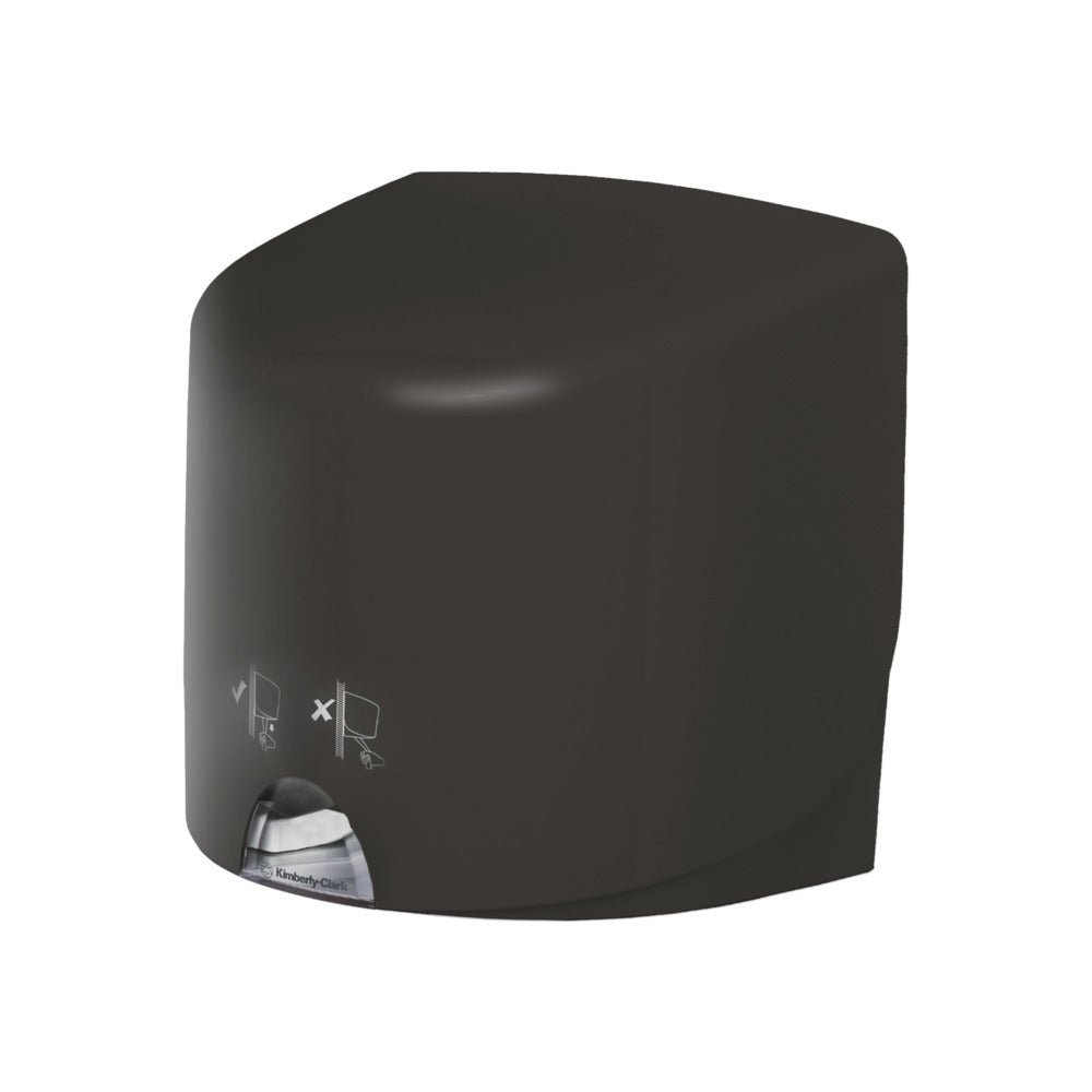 Szary dozownik ręczników Aquarius™ - Roll Control od Kimberly-Clark GmbH stoi na białym tle, z małym okienkiem z widocznym papierowym ręcznikiem i prostą instrukcją obsługi na przedniej stronie, zaprojektowany do profesjonalnego użytku.