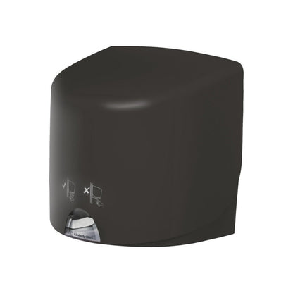 Szary dozownik ręczników Aquarius™ - Roll Control od Kimberly-Clark GmbH stoi na białym tle, z małym okienkiem z widocznym papierowym ręcznikiem i prostą instrukcją obsługi na przedniej stronie, zaprojektowany do profesjonalnego użytku.