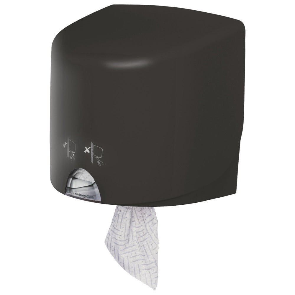 Szary dozownik ręczników Aquarius™ - Roll Control naścienny od Kimberly-Clark GmbH, z jednym ręcznikiem częściowo wydanym i symbolami informacyjnymi na przedniej stronie - idealny do profesjonalnego użytku.