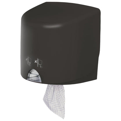 Szary dozownik ręczników Aquarius™ - Roll Control naścienny od Kimberly-Clark GmbH, z jednym ręcznikiem częściowo wydanym i symbolami informacyjnymi na przedniej stronie - idealny do profesjonalnego użytku.