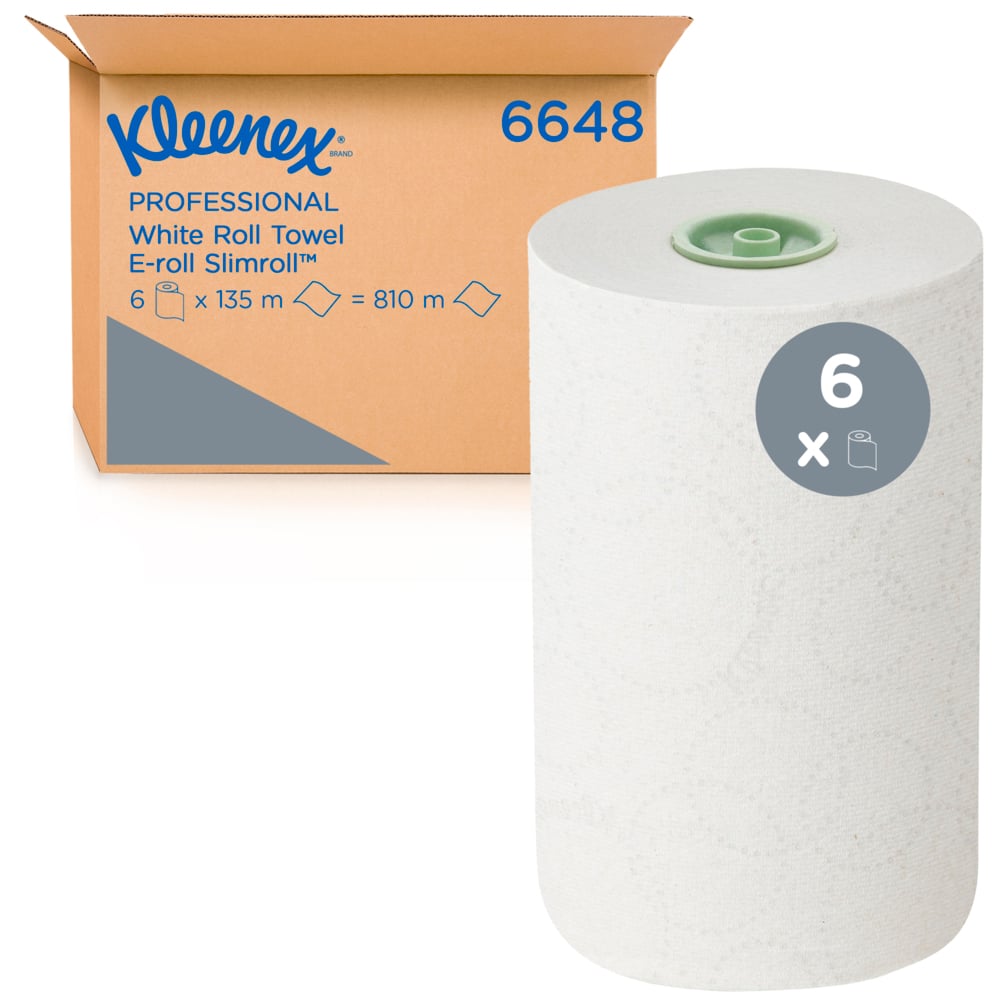 Karton z napisem "Kleenex® Rollenhandtücher - E-roll Slimroll™ Biały 1-warstwowy" firmy Kimberly-Clark GmbH jest przedstawiony obok dużej białej rolki z zielonym rdzeniem; symbol "6x" wskazuje, że karton zawiera 6 rolek po 135 m każda.